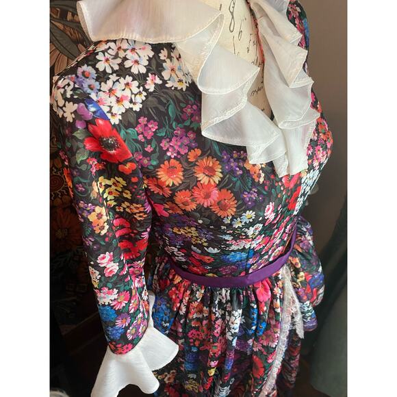 Vintage 70s Handmade Floral Long Ruffled 3/4 sleeve Dress w/ bustle - Picture 4 of 12